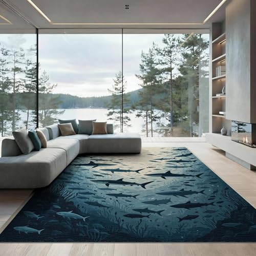 9'x12' Washable Contemporary Fish Oversized Rug, Dark Blue Non-Shedding Pet Friendly Carpet for Master Suite, California King, Under Bed, Foldable Easy Care Mat | Ref:2070051 - color: Blue/Pattern 28, size: 9' x 12' (Rectangular)