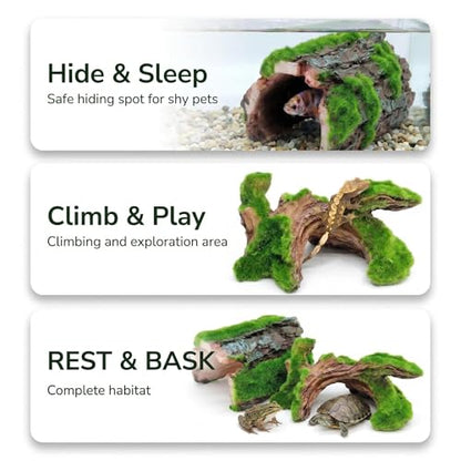 Reptile Hideout & Aquarium Cave Decor 2-Pack, Resin Hollow Log Hide for Fish Tank, Shrimp Turtle Lizard Betta Hiding Spot, Aquarium Ornament with Moss Look, 2.5"-4.1"
