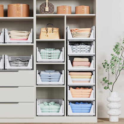 5 Pack Stackable Closet Storage Basket - Stackable Storage Bins, Multifunctional & Foldable Closet Organizer Waterproof, Wardrobe Cupboard Space-Saving Hat Storage Drawer Organizer, White