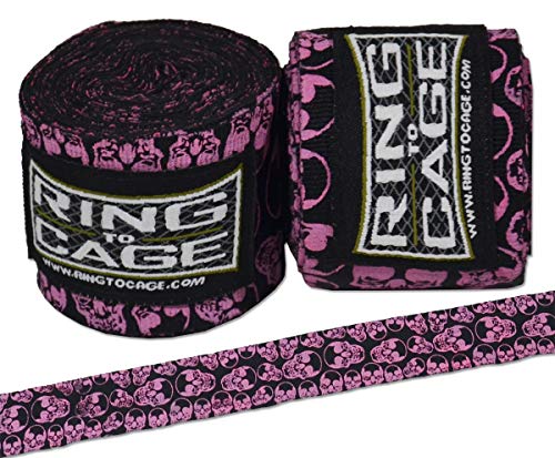 Ring to Cage Handwraps Mexican Style Stretchable- Patterned 180" Long - 23 Color Patterns - color: Pink Skull