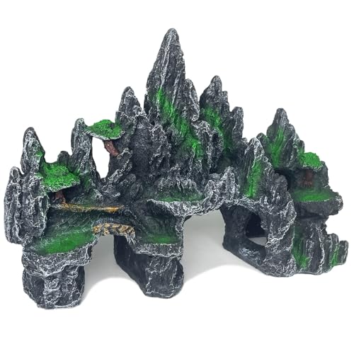 Aquarium Decor - Large Mountain Rock Cave for Fish Tank, Aquarium Hideout Ornament with Rock Texture for Betta, Guppy, Shrimp - Aquatic Hide Decoration, Fish Hiding House（Black） - color: Multi-peak Rock - Black