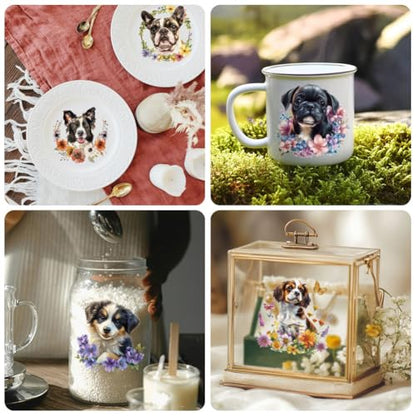 Peacoblue 18 Sheets Rub on Transfers for Crafts, Dog and Flowers 3.6"x3.9" UV DTF Cup Wraps Waterproof Rub on Cold Transfers Stickers for Wood Glass Metal Cup Tumblers Mirrors Mugs Home Decor - style: Dog and flowers