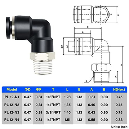 TAILONZ PNEUMATIC Male Elbow 12mm Tube OD x 1/8 Inch NPT Thread 90 Push to Connect Fittings PL12-N1 (Pack of 5) - size: 12mm OD 1/8''MNPT