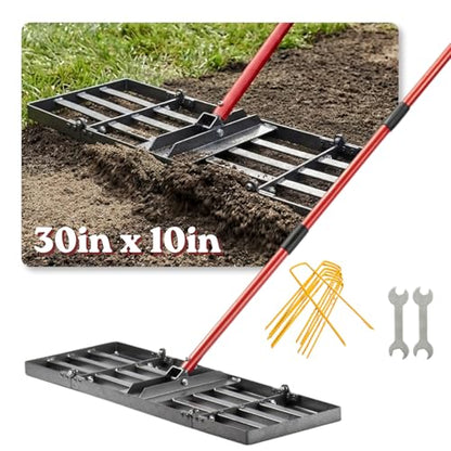Lawn Leveling Rake - Lawn Leveler with 78" Adjustable Steel Handle, 30"x10" Ground Plate for Yard, Grass, Level Soil, Dirt Ground or Golf Field
