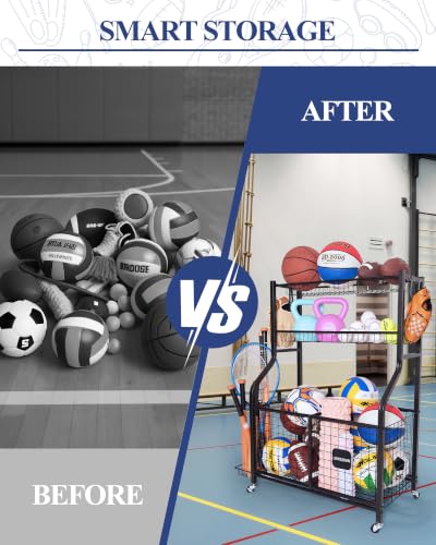 Sports Equipment Organizer with Wheels for Garage Ball Storage | Heavy-duty metal sports organizer with rolling wheels for ball and equipment storage in garages, homes, schools and gyms.