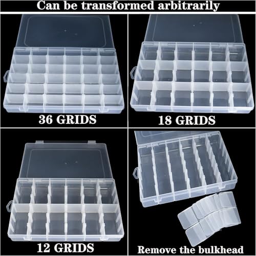1pack 36 Grids Plastic Clear Organizer Box Bead Storage Containers with Adjustable Dividers for Craft Jewelry Fishing Tackles Parts Storage with 1 Sheets Label Stickers