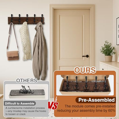 Wooden Coat Rack Wall Mount Heavy Duty, 2 Pack Coat Hanger Wall Mount with 5 Triple Hooks for Clothes, Jacket, Hat, Keys, Space Saving Entryway Organizer for Mudroom (‎Brown Plate & Black Hooks) - color: ‎Brown Plate & Black Hooks