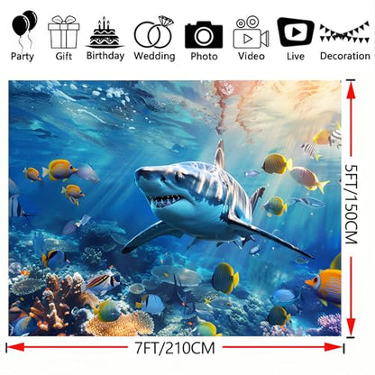 7x5FT Underwater Shark Backdrop Tropical Ocean World Coral Reef Photo Background Blue Sea Fish Aquarium Party Banner Kids Birthday Photography Summer Pool Party Wall Decor Supplies