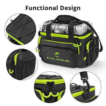 Calamus Fishing Tackle Bags - Saltwater or Freshwater Fishing Bags - Rip-Stop PE - Padded Shoulder Strap - Pliers Storage - Green - color: A：Green(without trays)-14.3*9*7.5 inches