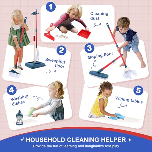 Toddler Toys Cleaning Set, Kids Cleaning Toy Stand Set, Pretend Play Home Cleaning Tools Toys Playset，Broom, Dustpan, Mop, Duster - color: Cleaning Stand Set