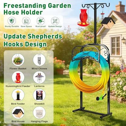 Garden Hose Holder for Outside 70" with 4 Prongs Base & 2 Shepherds Hooks Heavy Duty Freestanding Metal Water Hose Holder Stand Holds Up to 150FT Hose & 44LB Detachable Hose Storage for Yard