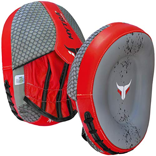 Mytra Fusion Real Leather Target Focus Mitt for Boxing, Punching, Training and Kick Boxing - color: Grey/Red