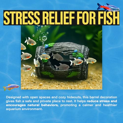 Round Oak Barrel Aquarium Decoration 2.9" – Resin Fish Tank Ornament with Swim-Through Openings, Safe Shelter for Small Aquariums, Stress-Relief Underwater Decor, Easy to Clean