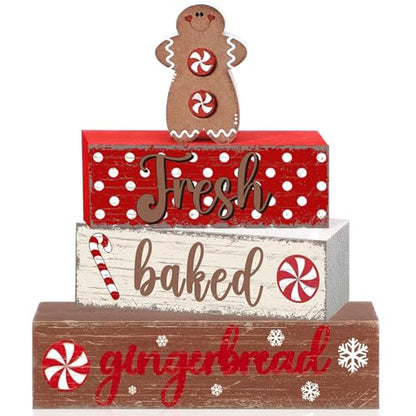 4 Pcs Wooden Christmas Tabletop Decor Gingerbread Man Tiered Tray Decor Christmas Centerpiece Rustic Decorative Block Signs Gift Farmhouse Table Decoration for Home Kitchen - style: Gingerbread