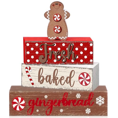 4 Pcs Wooden Christmas Tabletop Decor Gingerbread Man Tiered Tray Decor Christmas Centerpiece Rustic Decorative Block Signs Gift Farmhouse Table Decoration for Home Kitchen - style: Gingerbread