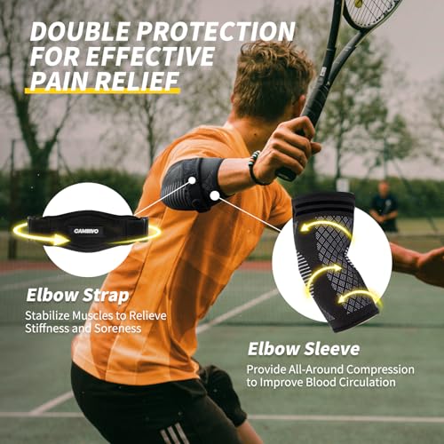 CAMBIVO 2 Elbow Sleeves and 1 Tennis Elbow Strap Set for Tendonitis Relief - color: Black(2Pcs Elbow Sleeve+1Pcs Elbow Strap), size: Medium
