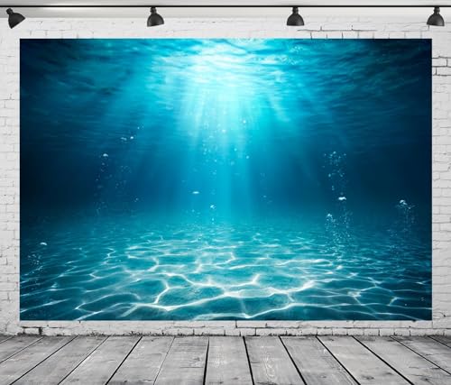 Fabric 7x5ft Blue Sea Underwater Backdrop Under the Sea Sunlight Seascape Background Through Water Surface Seabed Bubbles Background for Undersea Party Decor Mermaid Birthday Banner