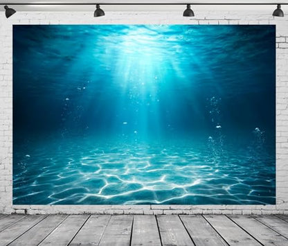 Fabric 7x5ft Blue Sea Underwater Backdrop Under the Sea Sunlight Seascape Background Through Water Surface Seabed Bubbles Background for Undersea Party Decor Mermaid Birthday Banner