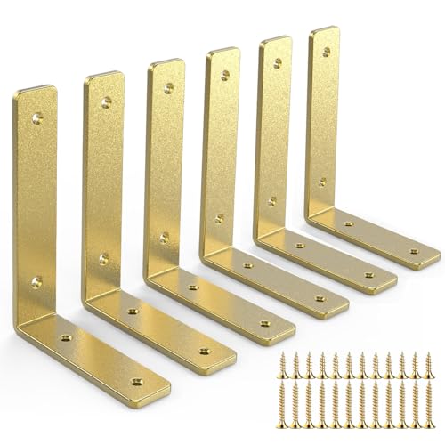 Gold Shelf Brackets 6 Inch, Rustic Iron L Shelf Bracket,Heavy Duty Industrial Shelf Bracket,Gold Metal L Brackets for Shelves Support DIY, 6 Pack