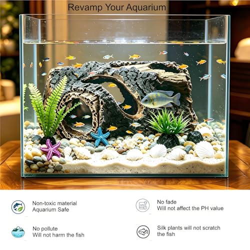Fish Tank Decorations Set - Aquarium Decor Accessories with Aquarium Plants, Resin Hollow Tree Trunk Cave Hideout, Some Artificial Starfish & Shell Ornaments for Betta Fish Tanks