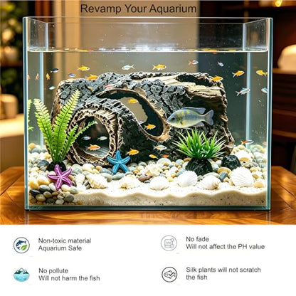 Fish Tank Decorations Set - Aquarium Decor Accessories with Aquarium Plants, Resin Hollow Tree Trunk Cave Hideout, Some Artificial Starfish & Shell Ornaments for Betta Fish Tanks