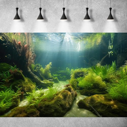 Underwater Aquarium Background Underwater Aquatic Plants with Sunbeams Fish Tank Background Rock with Lush Moss Terrarium Background Aquarium Backdrop For Tank Decorations Poster Vinyl 30x12in