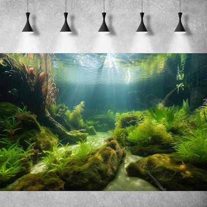 Underwater Aquarium Background Underwater Aquatic Plants with Sunbeams Fish Tank Background Rock with Lush Moss Terrarium Background Aquarium Backdrop For Tank Decorations Poster Vinyl 30x12in