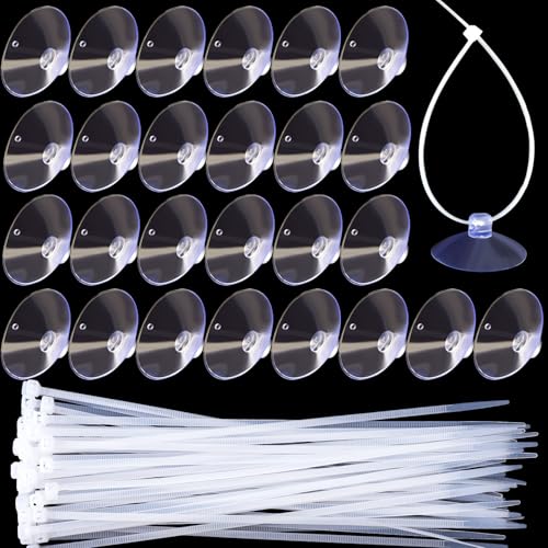 30 Pcs Aquarium Suction Cups with 50 Pcs Zip Ties, Suction Cup for Fish Tank Plants Binding Moss Shrimp Nest Landscape Fixation, Utility Sucker Pad Without Hooks for Kitchen Hanging(3.5cm)