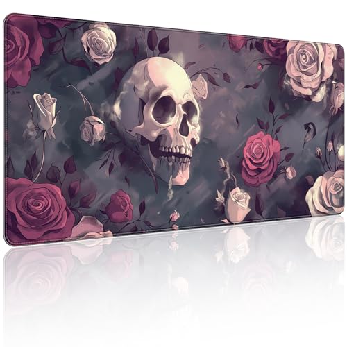 35.4 x 15.7 in, XXL Large Mouse Pad for Desk, Extended Keyboard Mouse Mat for Computer Office, Big Mouse pad with Stitched Edges, Gaming Pc-Skull red Pink Rose Butterfly - color: Skull red Pink Rose Butterfly