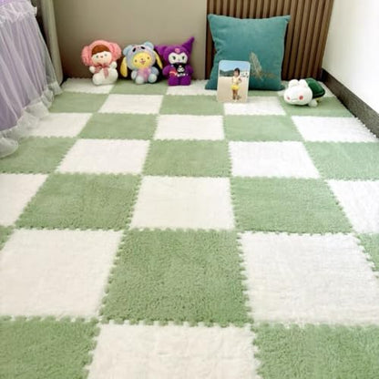 10 Pieces Plush Puzzle Play Mat 12''x12''x0.4'' Interlocking EVA Foam Mats,Shaggy Fluffy Carpet Floor Tiles Non-Slip Protective Floor Area Rug (White Green) - color: White Green