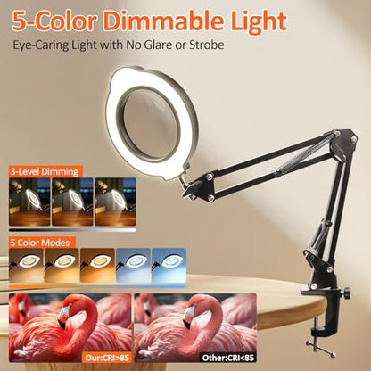 Magnifying Glass with Light and Stand, 10X 30X LED Desk Magnifier with Real Glass Lens, 5 Color Modes, 3 Brightness Levels, Hands-Free Magnifying Lamp for Reading, Crafts, Electronics and Jewelry