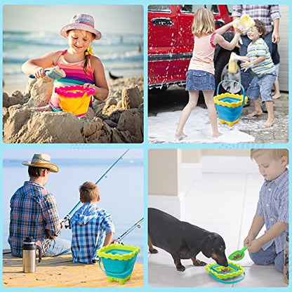 3L Jumbo Foldable Buckets, Castle Sand Beach Toy Silicon Pails For Kids Adults, Collasible Water Bucket Sandbox Kit Multi Use Summer Essential For Travel Cleaning, Camping, Picnic, Fishing 3 PCS - style: Foldable Castle