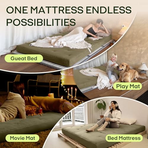 ZonLi Japanese Floor Futon Mattress Twin Size 39"x75"100% Cotton Cover 6''Thicken Tatami Mattress,Foldable Sleeping Pad,Portable Dormitory Tatami Mat,Roll Up Floor Lounger Bed for Adult (Winter Moss)