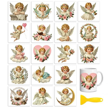 Peacoblue 18 Sheets Rub on Transfers for Crafts, Angel 3.6"x3.9" UV DTF Cup Wraps Waterproof Rub on Cold Transfers Stickers for Wood Glass Metal Cup Tumblers Mirrors Mugs Home Decor - style: Angel