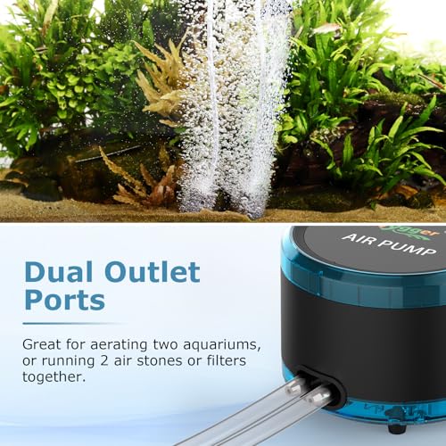 hygger Aquarium Air Pump Dual Outlet, Quiet Powerful Fish Tank Aerator 4W/8W, Adjustable Oxygen Pump with Air Stone, Bubbler for Fish Tank Up to 200 Gallon
