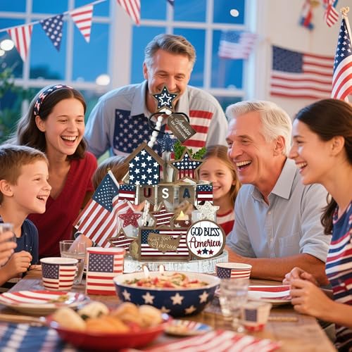 18 Pcs 4th of July Tiered Tray Decor Set - Patriotic Wooden Signs with Rustic Farmhouse Stars, Red White Blue Centerpieces for Independence Day Table & Mantel Decor(No Tray) - size: 7.1"