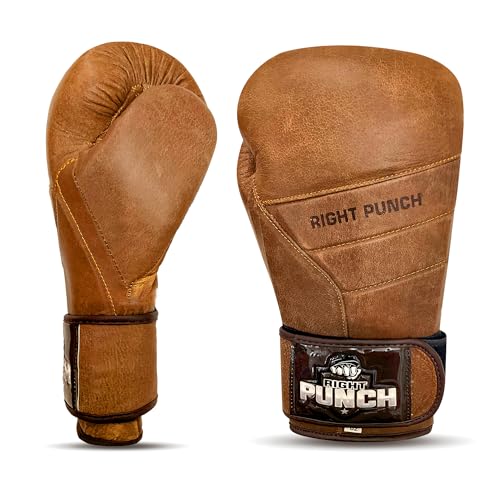 Rightpunch Premium Cowhide Leather Brown Boxing Gloves| Training Boxing Gloves Men & Women | Ideal for Sports & Muay Thai - size: 16OZ