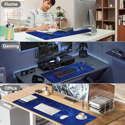 Abstract Topography Design Desk Mat,Large Dark Blue Topographic Line Art Gaming Keyboard Mouse Pad,Non-Slip Rubber Base Desk Pad Thick Stitched Edges Waterproof Mousepad Mouse Mat 31.5"x11.8" - color: Abstract Topography Design