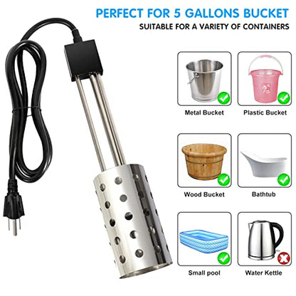 1000W Electric Immersion Heater, Bucket Water Heater with 304 Stainless-Steel Guard, Submersible Bucket Heater with Thermostat and Auto Shutoff, Heats 5 Gallons Water in Minutes