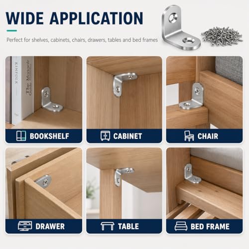 40PCS Stainless Steel L Brackets with 80 Screws, Small Right Angle Corner Braces, 0.79 x 0.79 Inch Metal Brackets for Shelves, Cabinets, Drawers, Chairs and Wood Furniture.