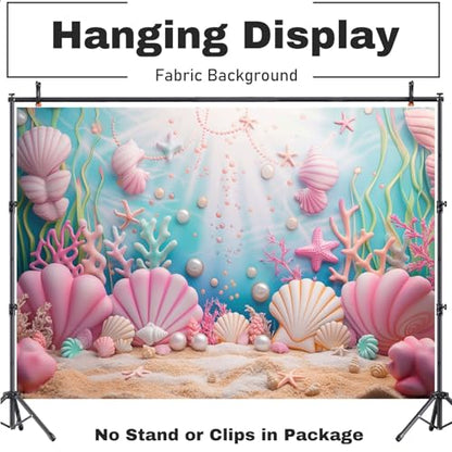 Fabric 10x7ft Mermaid Under The Sea Photography Backdrop Blush Pink Pearl Shell Coral Underwater Sunlight Background Mermaid Theme Birthday Baby Shower Party Decoration Photo Banner Props - size: 10x7ft(WxH)