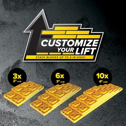 Camco FasTen RV Leveling Blocks - Features Interlocking Design for Customizable Height - Carrying Handle Twists to Secure Blocks for RV Storage - 8.5” x 8.5” x 1”, Yellow, 10-Pack (21022)