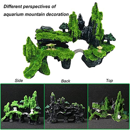 Fish Tank Mountain View Decoration Aquarium Stone Ornament Bridge with Moss Tree House Cave for Small Betta Shrimp Hide