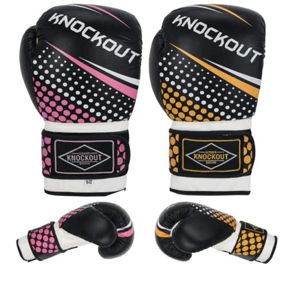 Boxing Gloves & Muay Thai Shin Guards for Men and Women, MMA Kickboxing Shin Pads Set, Adjustable Shin Guards with Instep Protection, Sparring & Martial Arts Training Gear - color: Black-Yelow/Black-Pink, size: 14 oz