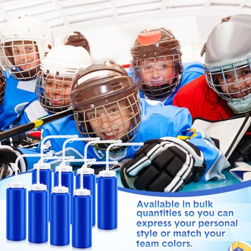 8 Pack Hockey Water Bottles 1 Liter Easy Squeeze Plastic 34 oz Sports Water Bottles with Long Straws for Hockey, Lacrosse, Football, Soccer, Baseball, Gym Sports Helmets(Blue) - color: Blue