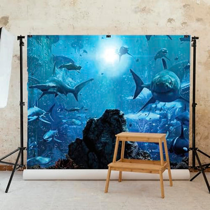 5x3ft Fabric Shark Theme Backdrop Deep-sea Ocean Shark Reef Aquarium Photography Background Birthday Theme Party Decoration Banner Kid Diver Portrait Photo Studio Props - size: 5x3 FT