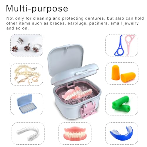 BVN Denture Case with Strainer, Leak Proof Denture Soaking Box | Dental Cup with Storage Compartment, Magnetic Lid & Ventilation Design for Dentures, Retainers and Braces - color: White+pink