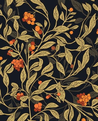 Ultra-Long Peel and Stick Wallpaper, Thick Self Adhesive Vinyl Roll, Removable Waterproof Contact Paper for Bedroom Bathroom Accent Wall, Vintage Branch Leaves Berries Decor Mustard Gold, 17.5" x 787" - color: Black/Yellow/Orange, size: 17.5" x 786"