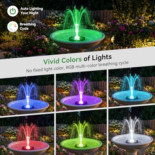 8W Solar Fountain Pump Built-in 3600mAh Battery & LED Lights, Solar Powered Water Pump with Double-Layer Nozzle & 5ft Tubing, Solar Water Fountain For Bird Bath Pond Garden DIY Water Features - size: 8W