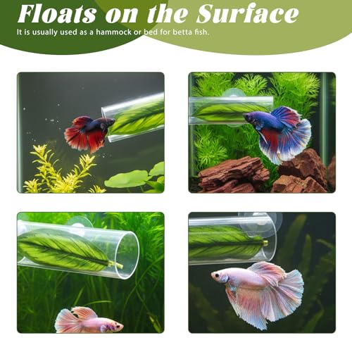 2 Pcs Acrylic Betta Hammock Tunnel Fish Tank Accessories with Soft Faux Leaf Fish Shelter Hideaway with Suction Cups for Sleeping Hiding Resting